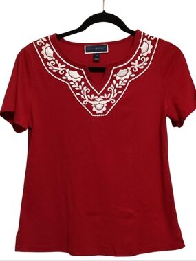 Karen Scott Red Tee with White Floral Embroidery